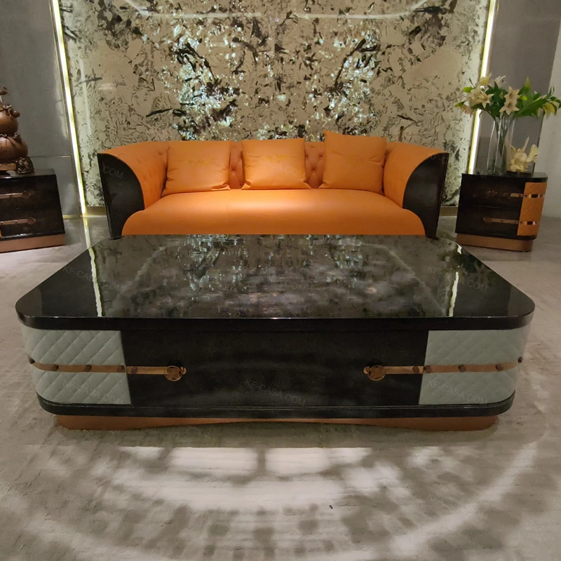 High-Gloss Black Coffee Table with Cream Quilted Leather Sides and Dark Glossy Frame